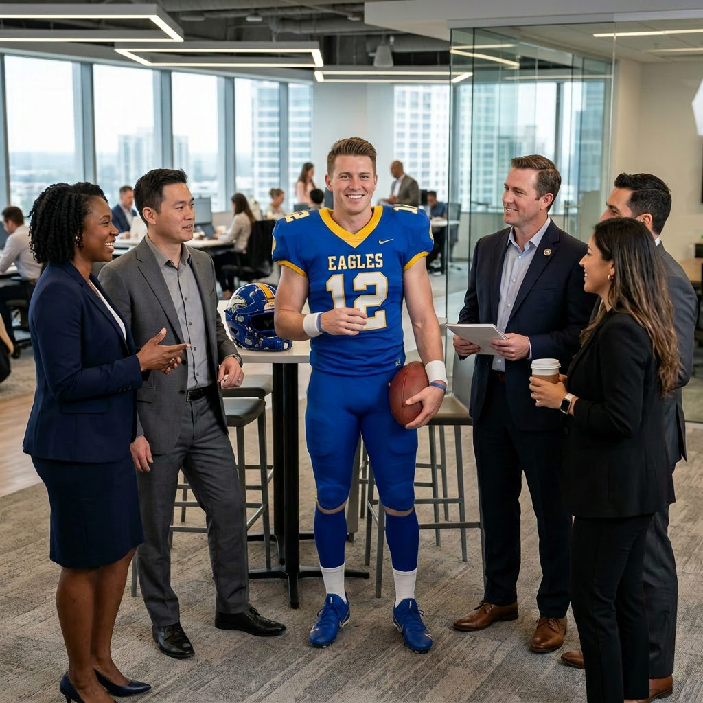 Football player in blue uniform talking to a group of business people in an office.
